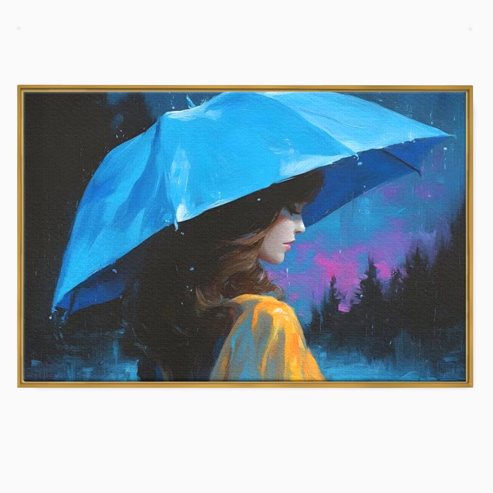 Tablou canvas cu pictura cu femeie sub umbrela albastra, in rama de aluminiu auriu